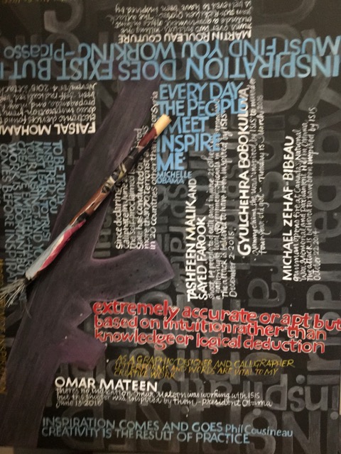 Inspired, gouache on canvas, bullet holes, paint brush